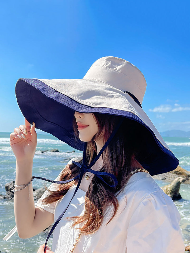 Colorblock Drawstring Travel Sunproof Hat