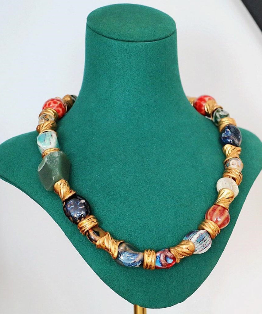 Retro Rainbow Ceramics Patchwork Gratuated Bead Necklace