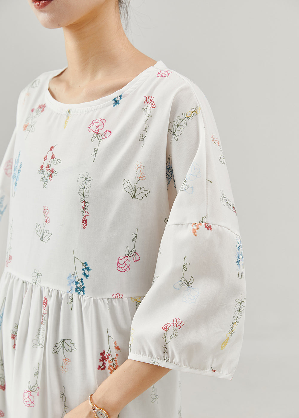 White Oversized Print Cotton Long Dresses Bracelet Sleeve