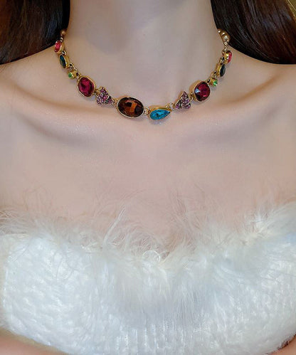 Gold Agate Pearl Zircon Gem Stone Collar Necklace