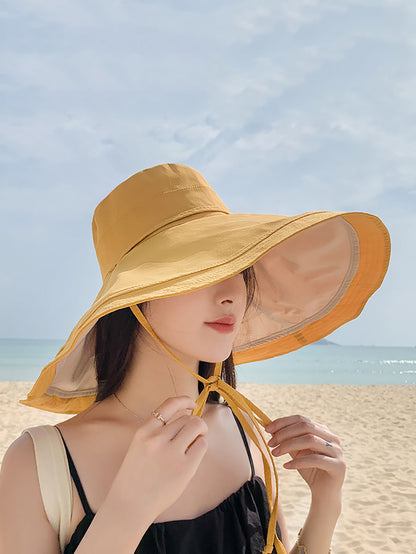 Colorblock Drawstring Travel Sunproof Hat