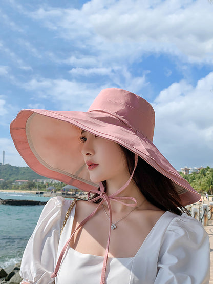 Colorblock Drawstring Travel Sunproof Hat