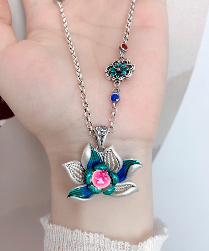 Diy Green Sterling Silver Cloisonne Lotus Hollow Out Pendant Necklace