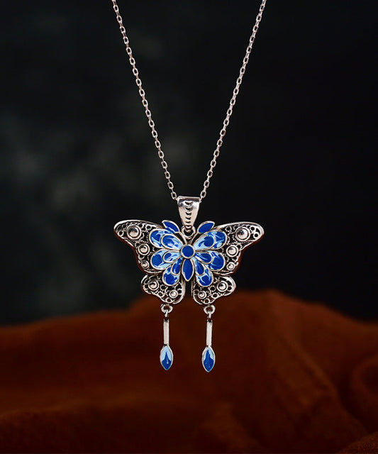 Retro Blue Sterling Silver Inlaid Enamel Butterfly Pendant Necklace