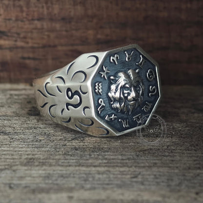 12 Constellations Zodiac Sterling Silver Octagonal Ring