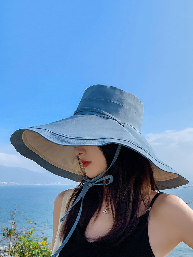 Colorblock Drawstring Travel Sunproof Hat
