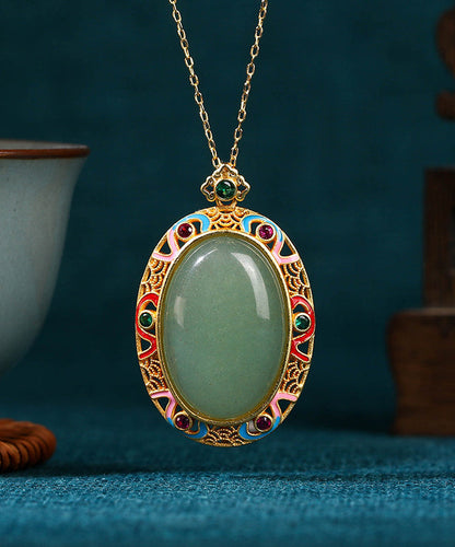 Gold Copper Overgild Jade Enamel Auspicious Clouds Pendant Necklace