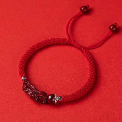 Buddha Stones Handcrafted Pixiu Cinnabar Wealth Luck Braided Bracelet