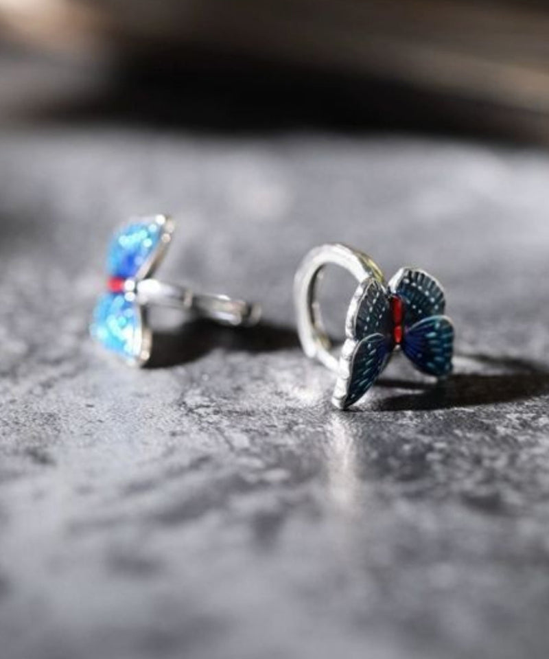 Blue Sterling Silver Butterfly Cloisonne Hoop Earrings