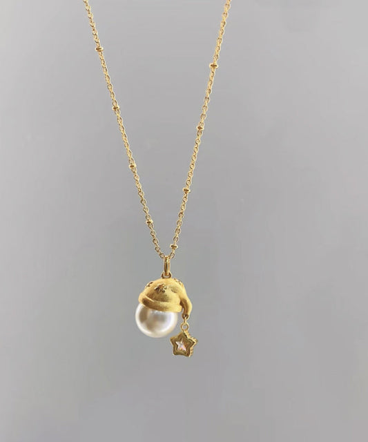 Boutique Gold Copper Overgild Zircon Pearl Christmas Hat Star Pendant Necklace