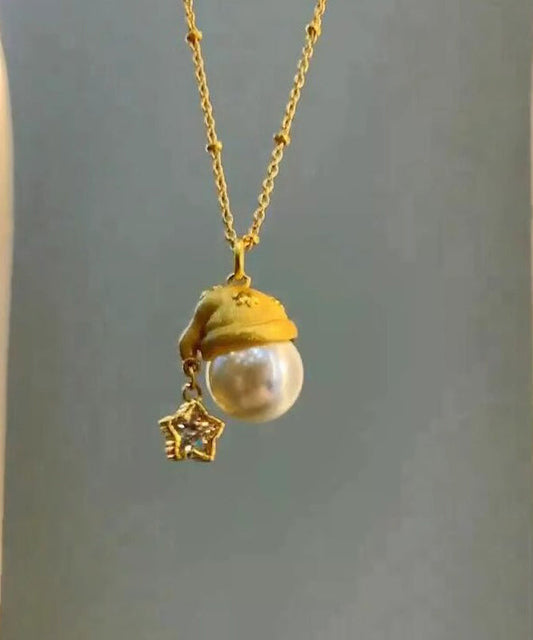 Gold Sterling Silver Overgild Zircon Pearl Star Santa's Hat Pendant Necklace
