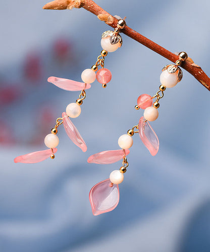 Pink Petal Crystal 14k Gold Drop Earrings