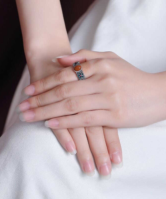 Retro Silk Sterling Silver Inlaid Agate Rings