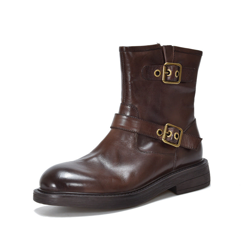 Washed First Layer Cowhide Belt Buckle Knight Boots