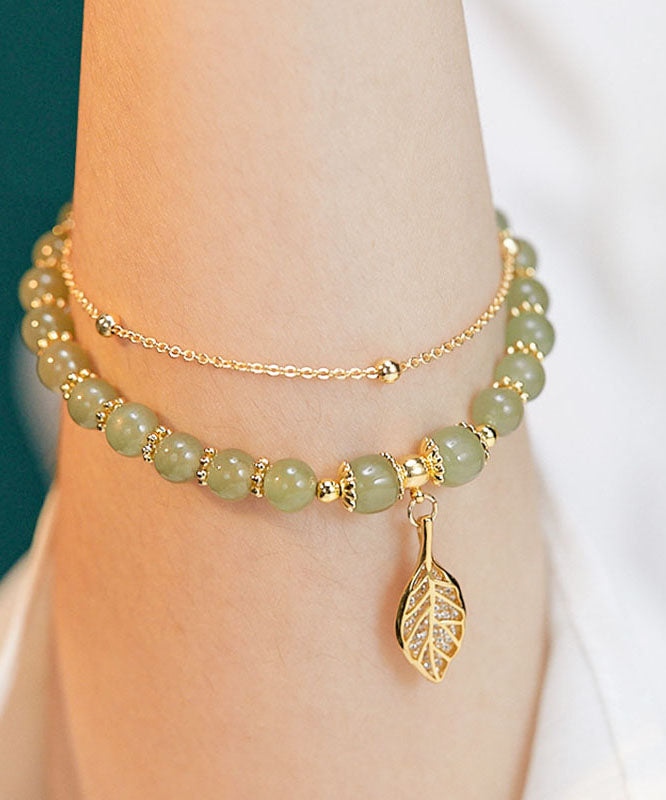 Green 18k Gold Inlaid Jade Zircon Leaf Charm Bracelet