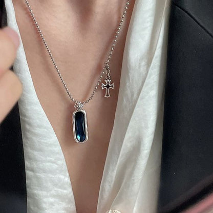 Sterling Silver Blue Round Bead Cross Pendant Necklace