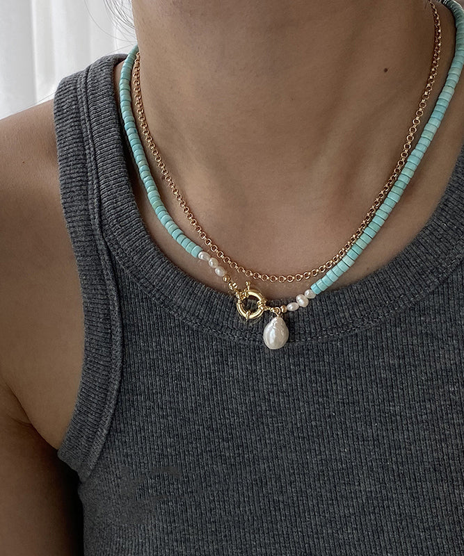 Green Copper Turquoise Pearl Pendant Necklace