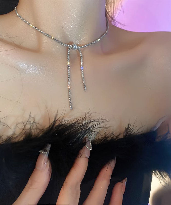 Silk Sterling Silver Zircon Bow Princess Necklace