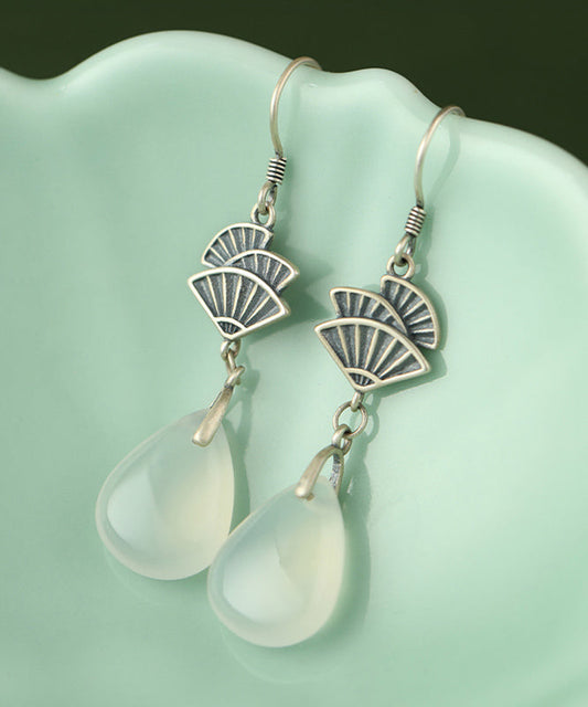Brief White Sterling Silver Jade Fan-shaped Drop Earrings