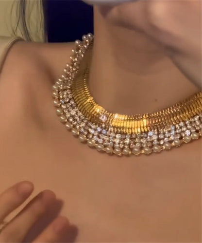 Gold Copper Alloy Zircon Pearl Gratuated Bead Necklace
