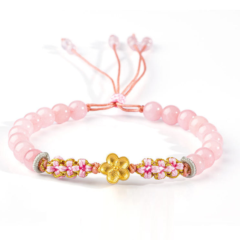 Buddha Stones 999 Sterling Silver Natural Red Agate Pink Crystal Cherry Blossom Bracelet