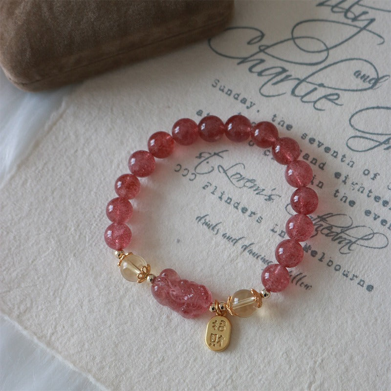 Buddha Stones Natural Strawberry Quartz Peach Blossom Pixiu Attract Fortune Healing Bracelet