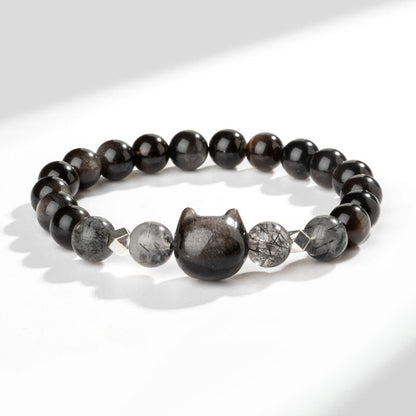 Buddha Stones Natural Silver Sheen Obsidian Cat Head Protection Bracelet
