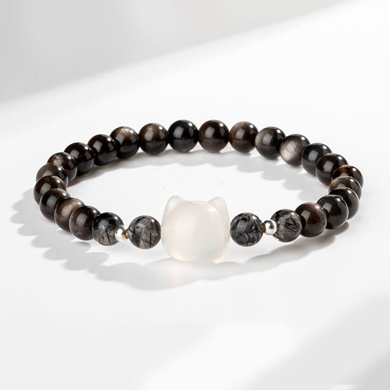 Buddha Stones Natural Silver Sheen Obsidian Cat Head Protection Bracelet