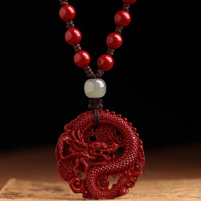 Buddha Stones Year of the Dragon Natural Cinnabar Hetian Jade Bead Copper Coin Attract Wealth Strength Necklace Pendant