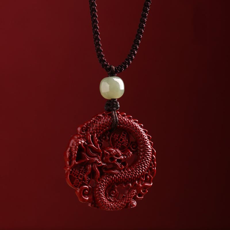 Buddha Stones Year of the Dragon Natural Cinnabar Hetian Jade Bead Copper Coin Attract Wealth Strength Necklace Pendant