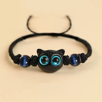 Buddha Stones Ebony Wood Cat Head Pattern Peace Bracelet