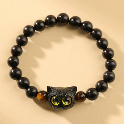 Buddha Stones Ebony Wood Cat Head Pattern Peace Bracelet