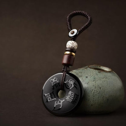 Buddha Stones Black Obsidian Taoism Five Sacred Mountains Carved Strength Peace Buckle Necklace Pendant Key Chain Phone Hanging Decoration