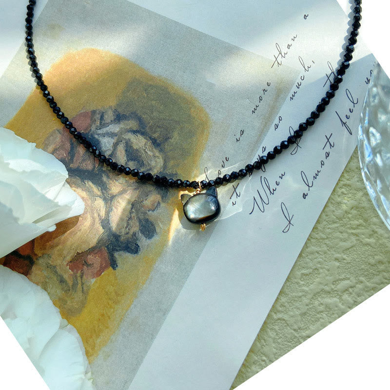Buddha Stones Black Spinel Cat Motivate Choker Necklace