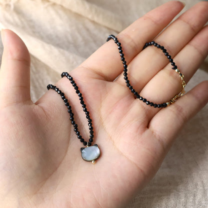 Buddha Stones Black Spinel Cat Motivate Choker Necklace