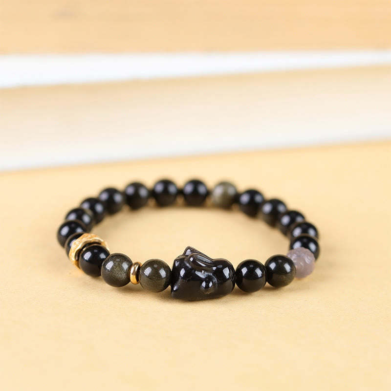 Buddha Stones Gold Sheen Obsidian Black Obsidian Silver Sheen Obsidian Rabbit Protection Bracelet