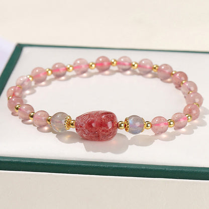 Buddha Stones Moonstone Strawberry Quartz Tourmaline Pixiu Healing Bracelet