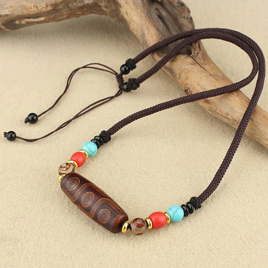Buddha Stones Tibetan Nine-eye Dzi Bead Three-eyed Dzi Bead Protection String Necklaces Pendant