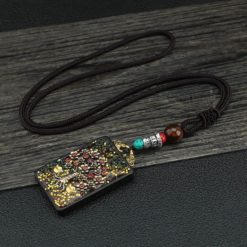 Buddha Stones Tibet God of Wealth Money Tree Golden Phoenix Thangka Ebony Peace Necklace Pendant