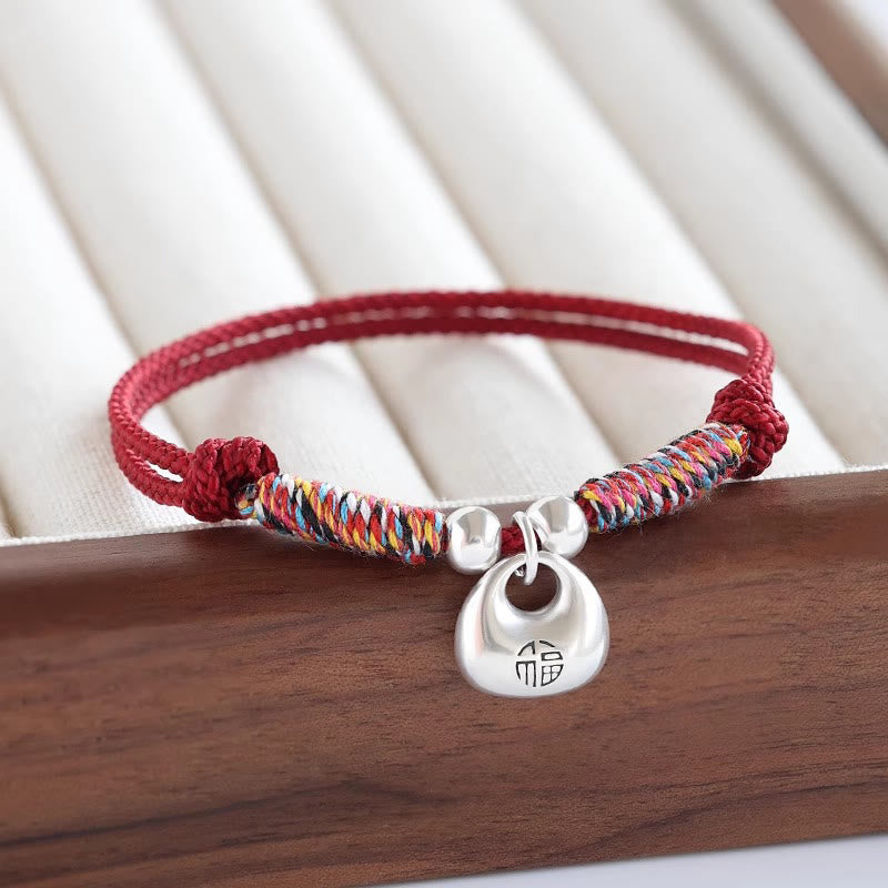 Buddha Stones Handmade 925 Sterling Silver Fu Character Safe and Well Luck Braided Bracelet