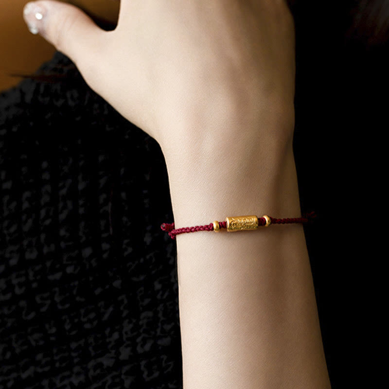 Buddha Stones 999 Gold Good Luck Amulet Carved Design Handmade Strength Braided Rope Bracelet