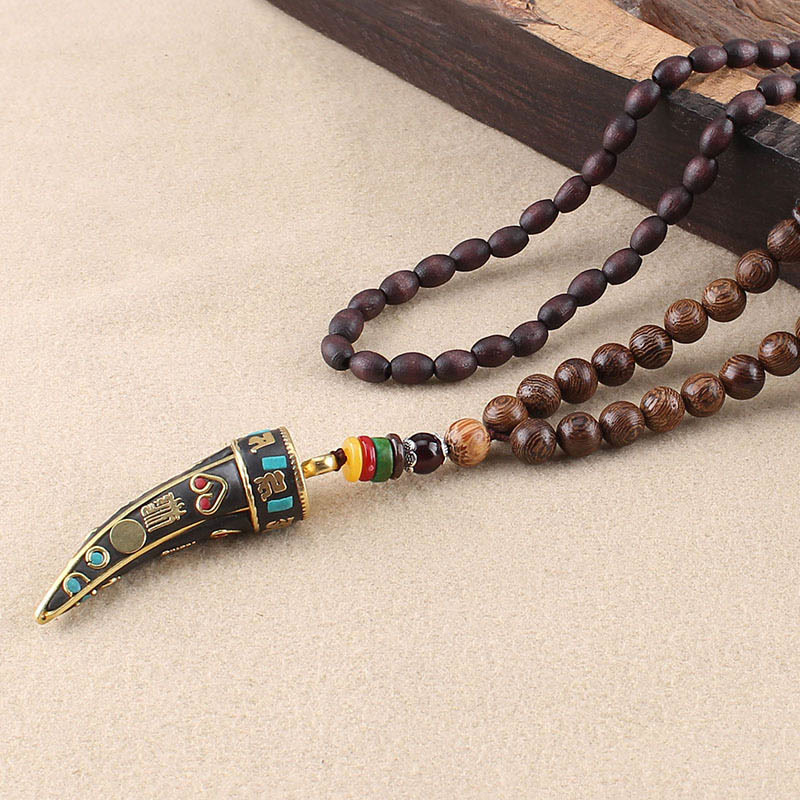 Buddha Stones Tibet Wenge Wood Om Mani Padme Hum Om Symbol Mantra Horn Pattern Protection Necklace Pendant