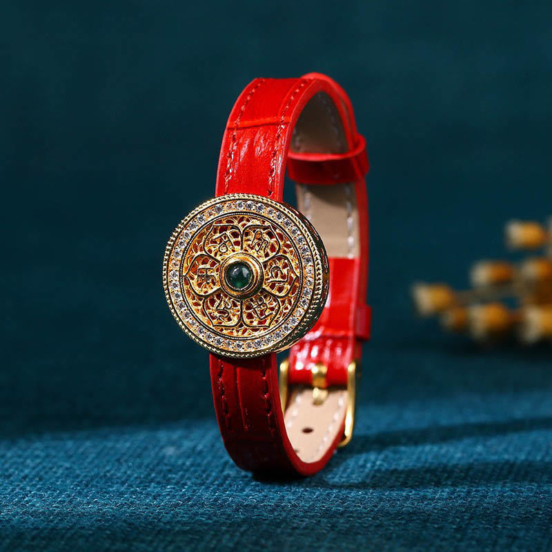 Buddha Stones Six True Words Eight Treasures Compass Jade 24k Gold Plated Luck Leather Bracelet
