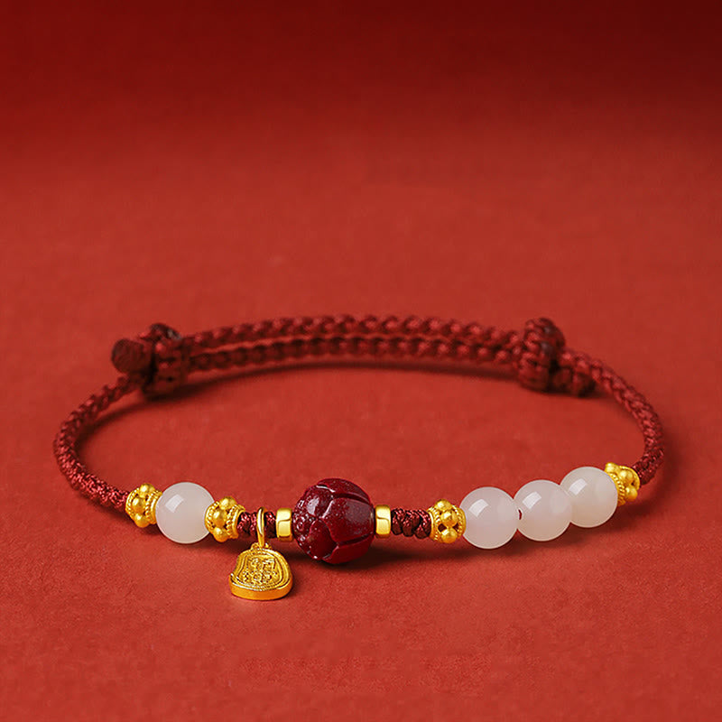 Buddha Stones Fu Character Jade Cinnabar 24k Gold Plated Luck Red String Bracelet