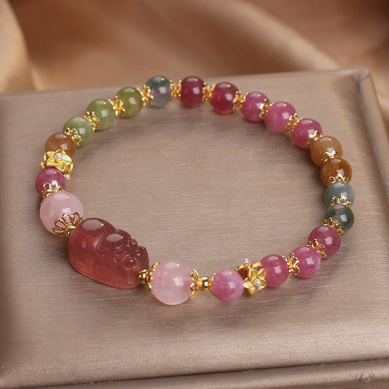 Buddha Stones Tourmaline Strawberry Quartz Pink Crystal Pixiu Love Bracelet