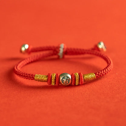 Sterling Silver Red String Protection Bracelet With Chinese Characters