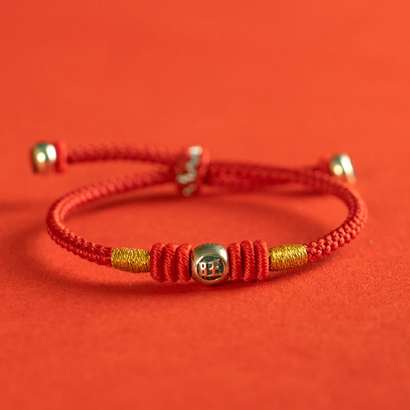 Sterling Silver Red String Protection Bracelet With Chinese Characters