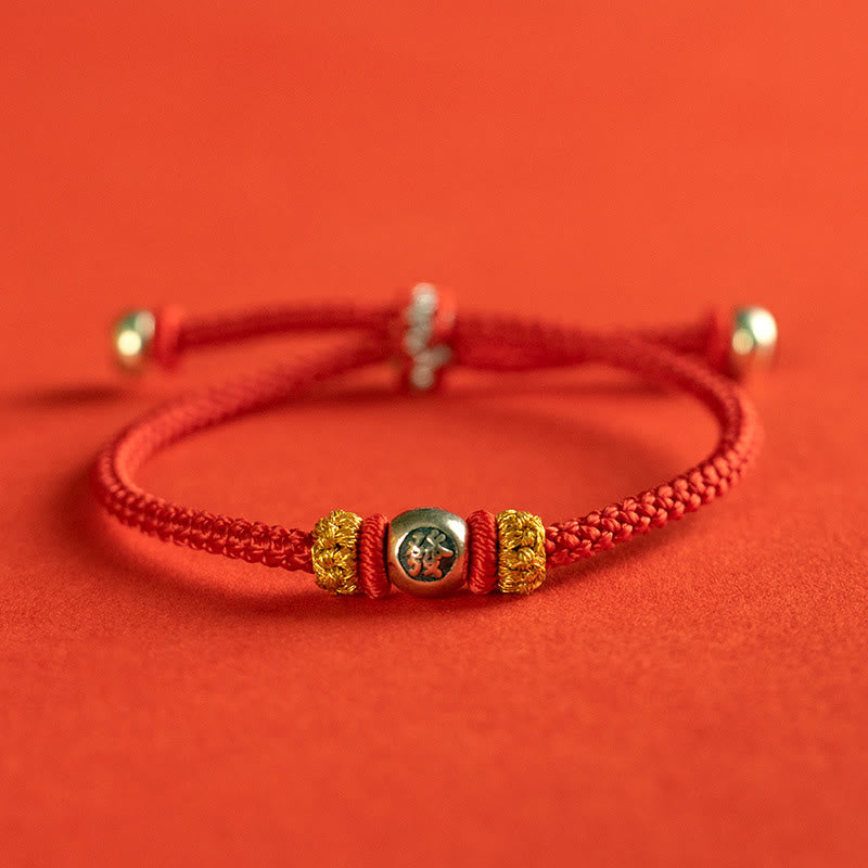 Sterling Silver Red String Protection Bracelet With Chinese Characters