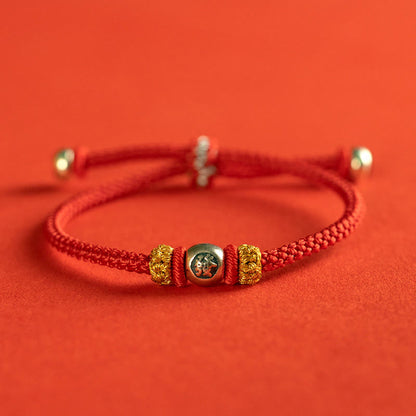 Sterling Silver Red String Protection Bracelet With Chinese Characters