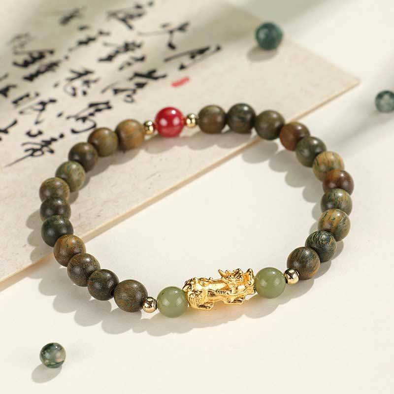 Buddha Stones 999 Sterling Silver Sandalwood Ebony Wood Small Leaf Red Sandalwood Hetian Jade Cinnabar Pixiu Wealth Bracelet